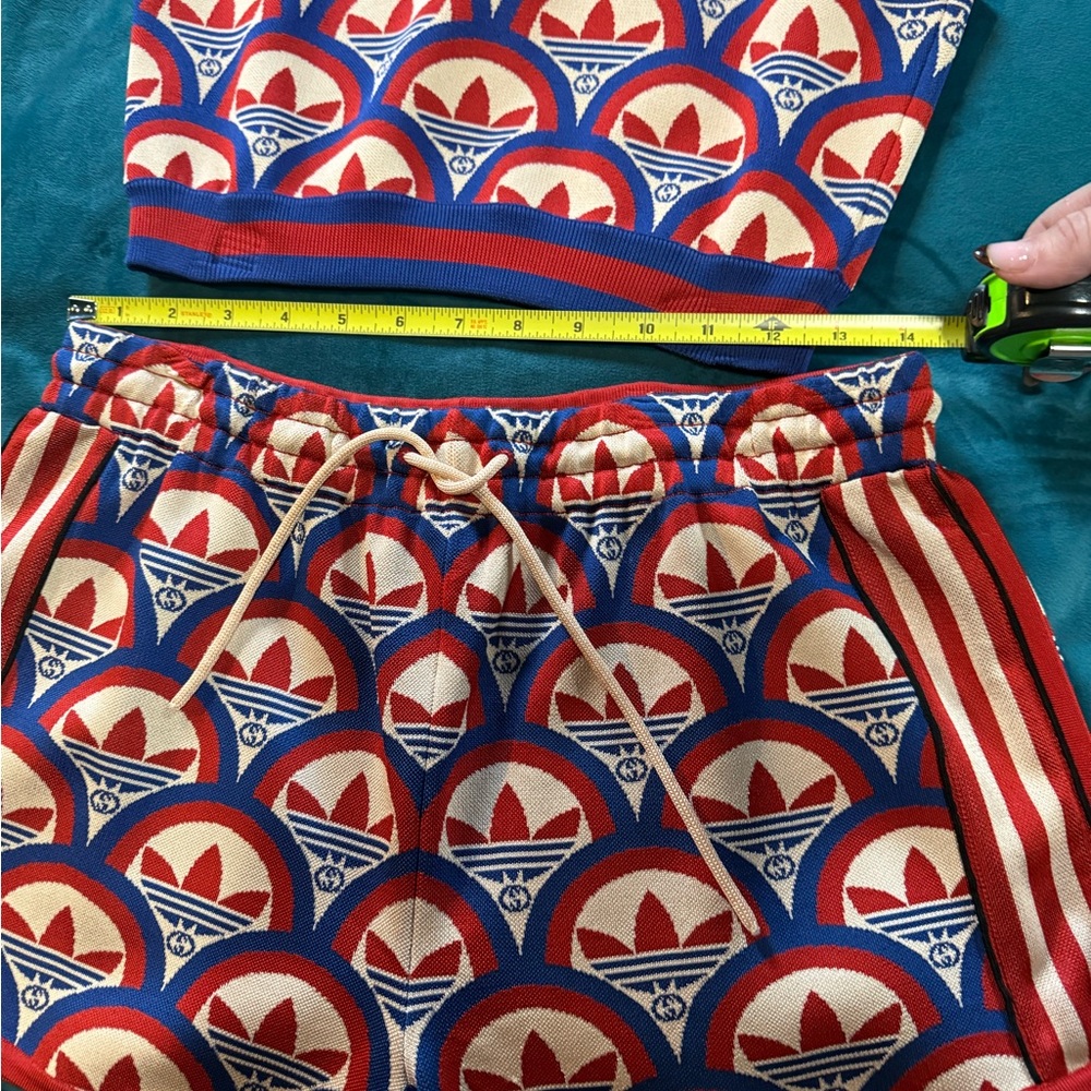 Gucci x Adidas Jacquard Red, Blue & White Patterned Crop Tank and Shorts Set - Picture 4 of 7